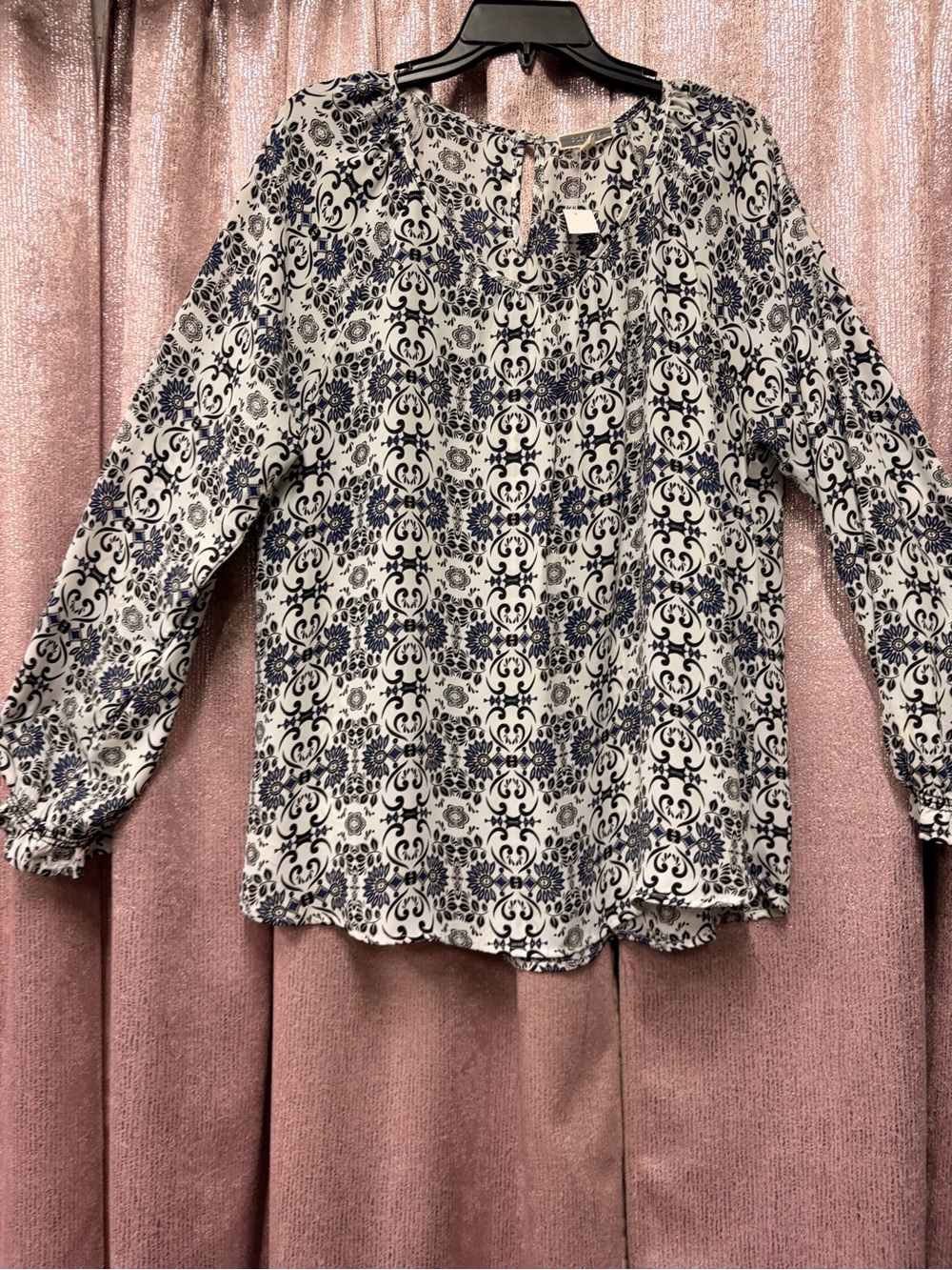 Pleione Navy and White Printed Long-Sleeve Top